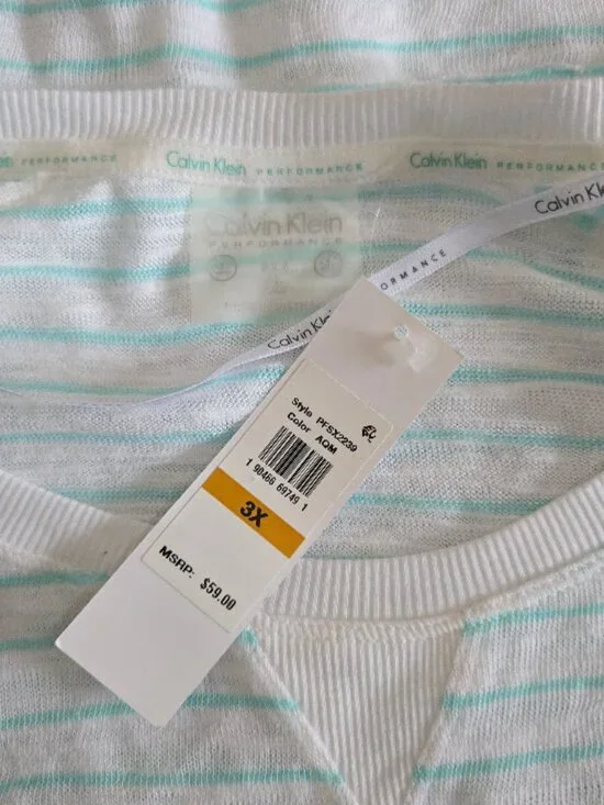 NWT Calvin Klein sz 3X striped white/aqua performance dry blue top - Picture 3 of 4